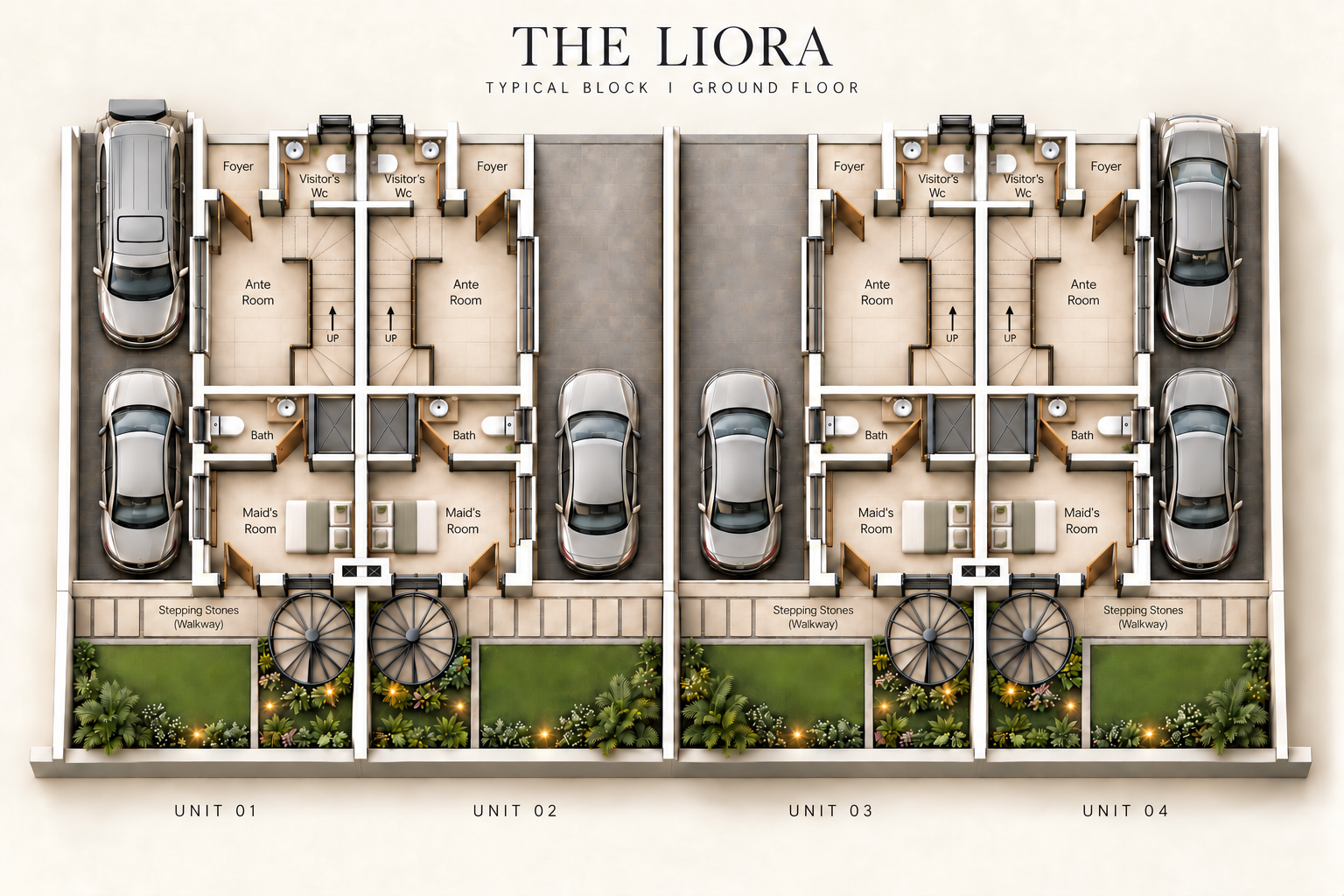 The Liora typical block ground-floor plan showing Units 01 to 04
